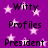 Purple background with white stars and repeated text 'Witty', 'Profiles', 'President' in black pixelated font.