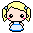 Pixel art character with blonde pigtails, blue hair ties, pink cheeks, and a light blue dress with dark blue trim. The face changes from neutral to smiling across frames.