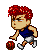 Pixel art character with red spiky hair, blue sleeveless shirt, white shorts, and white shoes holding a red basketball in four sequential poses.