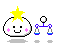 Pixelated cloud character with pink cheeks and yellow star on head, paired with blue-and-white robot figure against gray background.