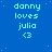Blue background with repeated light blue text 'danny loves julia' and '<3' symbols arranged in a pattern, with a gray rectangle in the bottom right corner