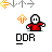 Animated contact sheet of a pixel art character in red outfit performing various dance moves with directional arrows, labeled "DDR" below each frame.