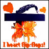 A static icon features a dark blue hat with a curved brim, orange hearts, and a large orange flower with yellow accents, with text reading "I heart flip-flops!" at the bottom.