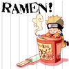 Pixel art of a character with spiky blonde hair and a headband resting on a red instant ramen cup, with steam rising and a spoon nearby.