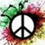 A peace symbol icon with green, red, and yellow floral background elements in a pixelated style.