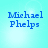 Blue pixelated text 'Michael Phelps' on a light cyan background with subtle white lens flares.