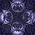 A pixelated static image shows a dark blue background with four light purple circular shapes arranged in a cross pattern, each containing a white curved line resembling a crescent moon.