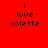 Red background with black pixelated text reading "i love colette" in two identical vertical