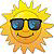Pixelated sun icon with yellow-orange rays, black sunglasses, and a brown smile on a white background.