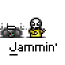 A 4x3 contact sheet of a pixel art animation featuring a yellow stick figure with white face and black eyes, holding a boombox-like device across 12 frames showing subtle pose changes.