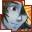 Pixelated cartoon character with light blue face and dark hair, wearing a red border frame against a gradient background.
