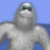 Pixelated figure with gray fur-like texture against blue background, wearing dark sunglasses and standing in front of water.