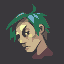 Pixel art portrait of a person with green hair and light skin, wearing a dark red top against a solid gray background.