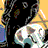 Pixelated static image shows a figure in dark clothing holding a violin against a black background with yellow and blue accents.