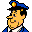 Pixelated cartoon character with blue hat and yellow face, wearing a white shirt under blue sleeves against gray background.