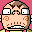 Pixel art contact sheet showing two frames of an animated character with exaggerated facial expressions against solid backgrounds.