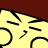 A static pixelated image shows a yellow cartoon character with black outlines against a dark red background, featuring partial circular shapes and angular lines.