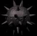 Gray spiked spherical object with multiple sharp protrusions, displayed in a of five views against black and white backgrounds