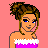 Pixelated character in pink dress with white trim, brown hair styled up, blue eyes, and purple platform shoes on coral background.