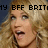 Pixelated close-up of a person with long wavy blonde hair, wearing dark lipstick and a brown necklace, overlaid with black text reading 'MY BFF BRIT' against a blue background.