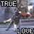 Pixelated static image with bold text "TRUE" and "LOVE" framing a stylized figure in motion against a blurred background.