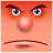 Pixelated face with orange skin, blue eyes, brown eyebrows, and a thin mustache against an orange background.
