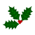 Static pixel art of a holly sprig with three green leaves and one red berry on a gray background.