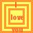 Four orange and yellow square frames with 'love' text inside each frame, arranged in a on a solid background