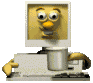 Animated cartoon character with yellow beak and eyes, seated at computer desk holding silver mug in various poses.