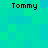 Four identical pixelated text instances of 'Tommy' arranged in a on a cyan and green checkered background