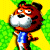 Pixelated cartoon tiger with orange fur and black stripes wears blue overalls, standing against a yellow and green background.