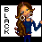 Pixel art of a woman with long brown hair wearing blue top and pants, standing beside vertical text reading BLACK on white background.