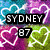 Pixelated static image with 'SYDNEY' text above '87', surrounded by white outlined hearts on a multicolored background.