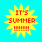 Yellow starburst shape with red text 'IT'S SUMMER' and multiple exclamation marks on cyan background.