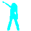 cyan silhouettes on gray background showing a figure in various dynamic poses with arms raised, bent, or extended