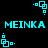 Cyan pixelated text 'MEINKA' appears twice on a black background, surrounded by cyan square-based geometric shapes with small dots.