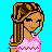 Pixel art contact sheet showing a cartoon girl in pink top and flared jeans with text elements on cyan background