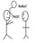 Two stick figures interact with a circular object; one figure holds a rectangular item while the other stands still, both in grayscale.
