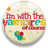 Pixelated circular icon with text "I'm with the vampires" in red, teal, and yellow lettering over a light background featuring small colored dots and a heart symbol.