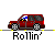 Red SUV with blue driver icon, showing vehicle movement and collision with red platform, text 'Rollin'' below each frame