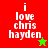 Four display 'i love chris hayden' text with pixelated font; red and green backgrounds have star symbols, brown background is plain
