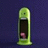 Green cartoon character with rounded top and base, dark interior, pink object inside, on dark blue background.