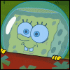 SpongeBob SquarePants in a green fishbowl with red base, yellow hands gripping the edge, blue eyes and mouth expressions changing across frames.