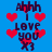 Blue background with red pixelated hearts and dark purple text reading "Ahhh I love you X3" in a repeating pattern.