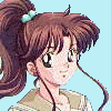 Anime-style character portraits with changing hair colors and styles, some showing text overlays on a light blue background.