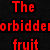 Red pixelated text on black background above hands holding a red fruit, with gray area to the right.