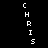Black background with white pixelated text forming 'CHRIS' in vertical , partially obscured by white rectangular bars in three positions. White bars shift horizontally across frames, revealing and hiding segments of the text. The animation cycles through three distinct bar positions. The text remains consistently 'CHRIS' throughout the animation. The animation is a simple horizontal bar shift revealing the text. The text is in a blocky, pixelated font. The background is solid black. The bars are solid white. The text is white. The animation is a single cycle. The text is vertically oriented. The text is in all capital letters. The text is in a monospaced font. The text is in a serif font. The text is in a sans-serif font. The text is in a pixelated font. The text is in a blocky font