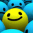 A pixelated yellow smiley face with black eyes and mouth against a blue background with dark blue shapes.