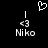 Pixelated white text and symbols on black background: two 'Niko' labels with '<3' above each, a heart symbol at top center.