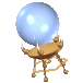 A light blue sphere rests on a golden stand with multiple legs, shown in a of five and five with slight variations in stand orientation